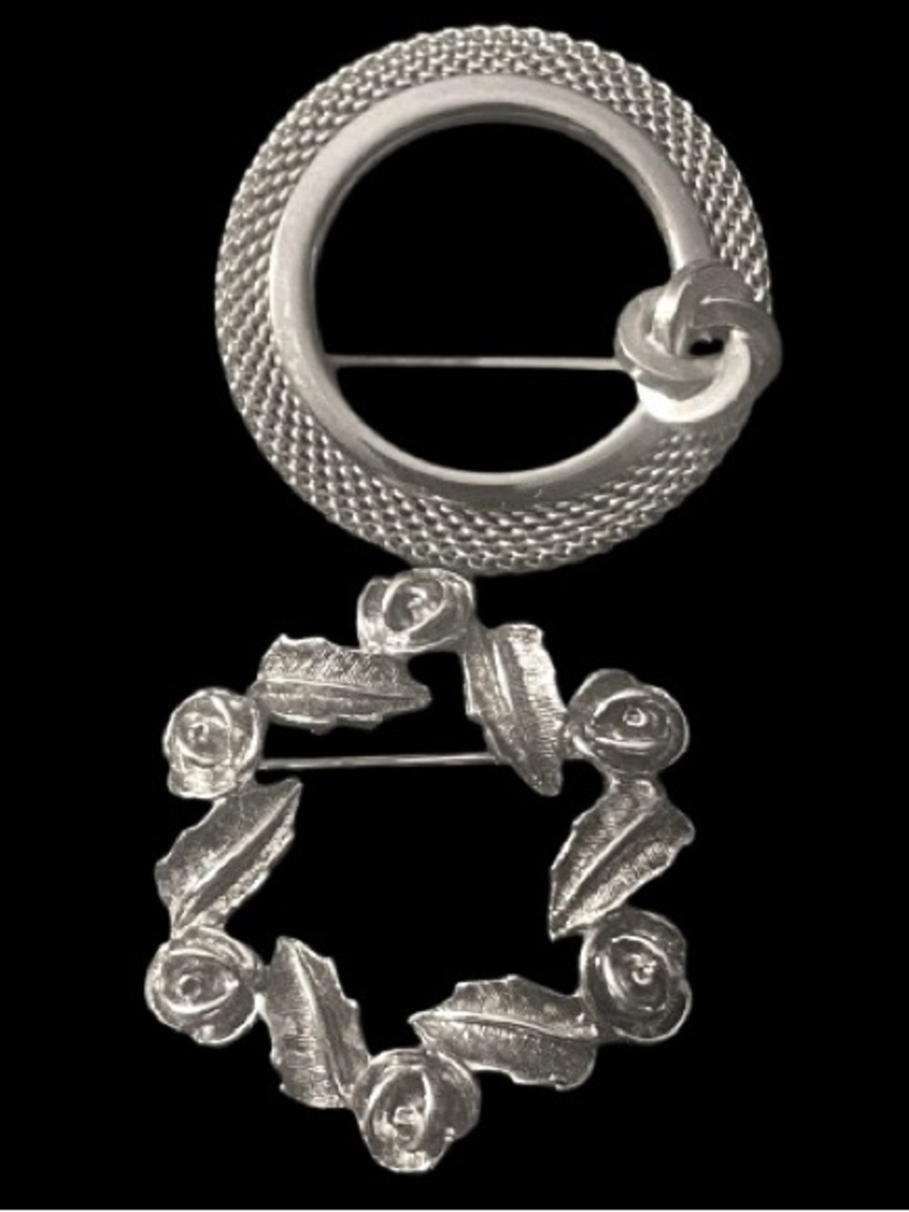 2 Vintage Brooch Sarah Coventry Antique Rose wreath & Modernist Mesh Wreath